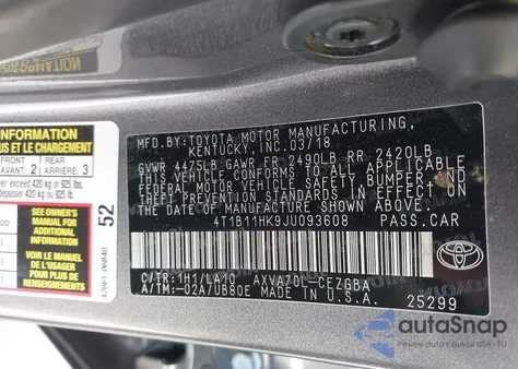 2018 Toyota Camry Xle z USA, uszkodzony, nr VIN 4T1B11HK9JU093608